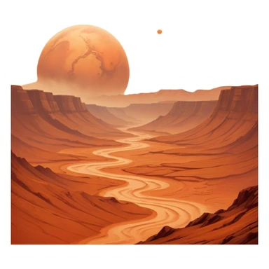 Cinematic Realistic Mars, portrayed with rugged, rust-colored landscapes, deep canyons, and swirling dust storms rendered with lifelike texture and an orange-hued glow that evokes the enigmatic allure of the Red Planet. sticker