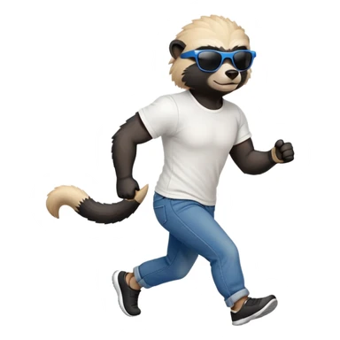 friendly anthropomorphised honey badger in jeans and a t-shirt, wearing sunglasses, jogging upright, standard pose sticker