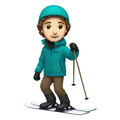 white Boy with wavy brown hair skiing on teal skis. He is wearing all black snow pants and a gray jacket   sticker