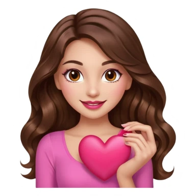 girl with long wavy brown hair, brown eyes, long lashes makeup, sexy pink lips, light to medium complexion, wearing a pink sexy top, smiling, holding a big heart sticker