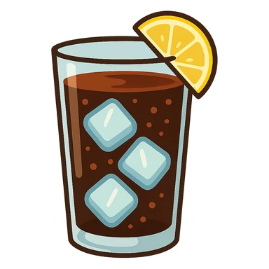 flat toon glass of cola with 3 ice cubes and a wedge of lemon sticker
