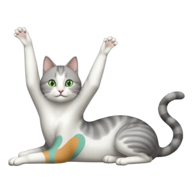 grey and white cat with green eyes doing a big extremely long stretch reaching up into the air with arms and legs side by side together straight and overextended whilst lying on its side sticker