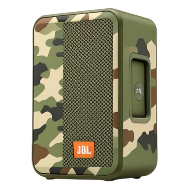 JBL Go 4 speaker in army camouflage print, minimal design aesthetic, compact speaker with simplified details, military pattern sticker