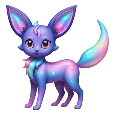 Shiny Iridescent Nebulae Espeon-Umbreon-Sylveon-Fakémon-hybrid-creature (full body)  with a galaxy-dust-flowing-gradient-tail sticker