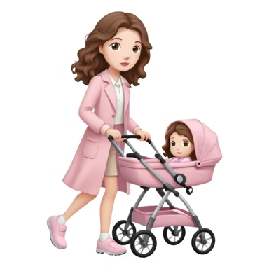 A white girl with long brown wavy hair in pale pink clothes walks with a stroller sticker