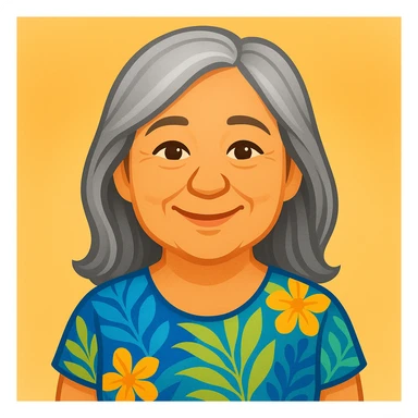 A woman with light complexion, oval face with soft rounded features, full cheeks, gentle almond-shaped eyes with subtle smile lines, longer silver-gray hair parted to the side, wearing a vibrant short-sleeved blouse with tropical print in blue, green, and yellow, exuding warmth and joy, emoji style. sticker
