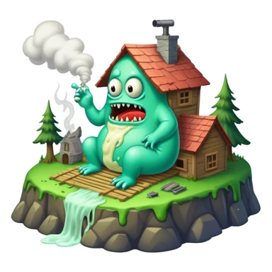 slime gore monster chilling inside traphouse with quagmire on top of mountain smoking lean sticker