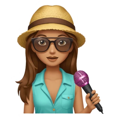 long haired woman with summer clothes and sun glasses holding microphone sticker