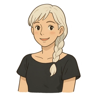 young female counselor, white hair in braid, black off-shoulder top, warm and approachable, ghibli style sticker