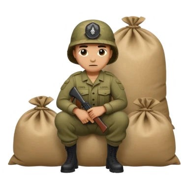 a camouflaged figure crouching behind sandbags, war setting sticker