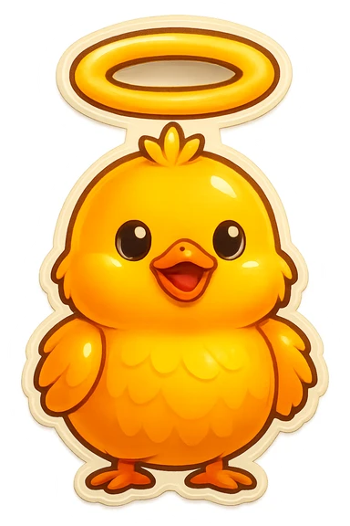Make the halo much bigger and floating high above the baby chick's head, like a saint, keep the style and transparent background. sticker