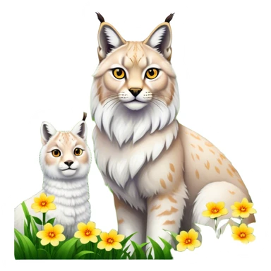 Collage of exotic animals: a lynx with striking eyes, and a fluffy alpaca standing in a lush meadow. The lynx gazes intently while the alpaca looks calm and curious. Surrounded by vibrant plants and flowers. Transparent background for a lively, colorful scene. sticker