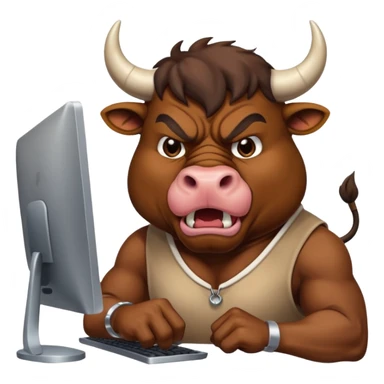 un toro arrabbiato seduto davanti al pc che impreca sticker