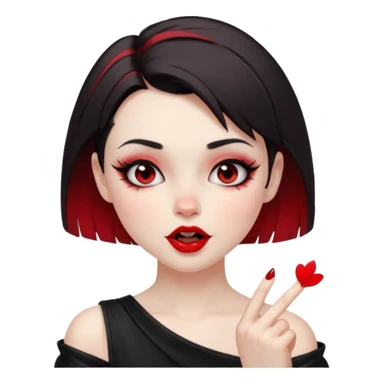 A girl with goth makeup and short hair( dark brown and bottom of hair red) winking and blowing kiss while raising one shoulder.  sticker