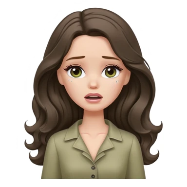 A white Barbie girl with long dark brown wavy hair in pale olive clothes crying with tears  sticker