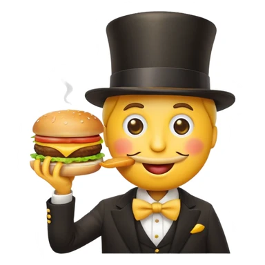 Emoji face wearing a top hat and a monocle while eating a hamburger sticker
