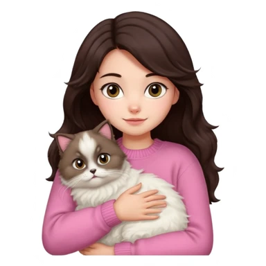 a girl with medium wavy dark brown hair, wearing a pink sweater, hugging a Himalayan cat sticker