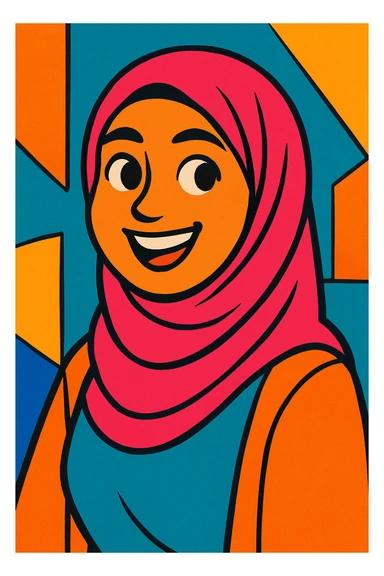 a hijabi, vibrant cartoon style, smiling sticker