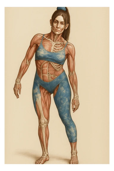 Donna in abbigliamento sportivo, postura asimmetrica, stile medico realistico, muscoli e ossa visibili, evidenzia la compressione delle coste sul lato corto, sfondo neutro, formato verticale. sticker