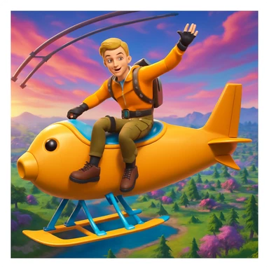 Add a Fortnite glider drop background behind John Pork, including a colorful sky and terrain typical of Fortnite's vibrant and playful style. sticker