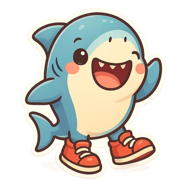 a fun and cute shark wearing shoes, colorful chibi sticker style, cheerful expression sticker