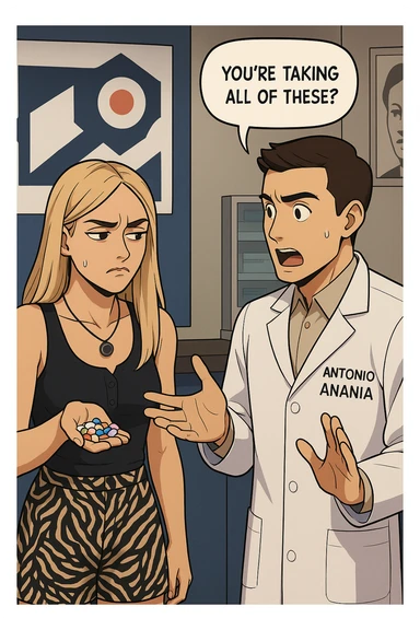 fai un webtoon/manga a colori con questo kinesiologo in camice bianco (fagli la scritta "ANTONIO ANANIA" SUL CAMICE) CHE PARLA CON QUESTA RAGAZZA. LA RAGAZZA HA UN PUGNO DI INTEGRATORI IN MANO (TANTE PILLOLE DIVERSE) E LE GUARDA DUBBIOSA. IL KINESIOLOGO CON IL CAMICE BIANCO LE DOMANDA UNA COSA SCIOCCATO. NON FARE I FUMETTI, FAI SOLO LORO COME SE DIALOGASSERO sticker