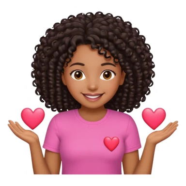 A brown skin girl with a black curly 4C hair and she has a pink Shirt that has a heart  sticker