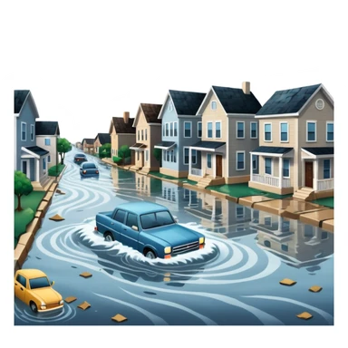 showing a flood disaster scene with strong water waves overflowing streets, partially submerged houses and cars, dark cloudy sky sticker