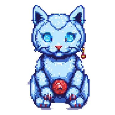 Doraemon character, blue robotic cat with a red nose and bell, pixel art style sticker
