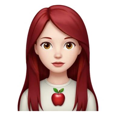 woman, pale skin, long straight dark red hair with layers, brown eyes, white top, apple emoji style sticker