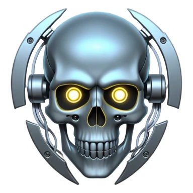 Cyberpunk shield, skull with cybernetic implants, glowing wires, dark electric silver and black tones, no background sticker