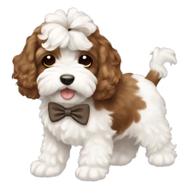Brown and white cockapoo with a bow sticker