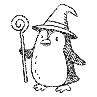 whimsical penguin wizard holding a staff, wearing a wizard hat, hand drawn outlined icon sticker