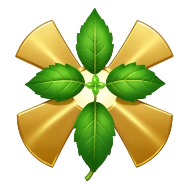 "A clean, friendly emoji of three vibrant green Tulsi (Holy Basil) leaves centered over a small, glowing golden cross or 'plus' sign, symbolizing healing. Simple, flat, 32x32 pixel icon style. Transparent background. Icon for natural healing and wellness." sticker