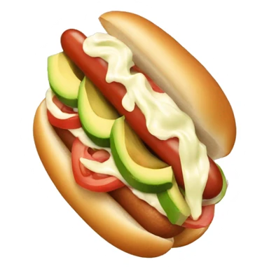 one hotdog with diced tomato, smash avocado and zigzagging mayonnaise sticker