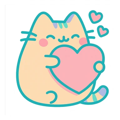Pusheen hugging a big heart, pastel colors, adorable, vibrant toon style sticker