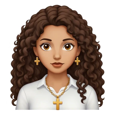 Brown tan woman with dark curly long hair white shirt with cross necklace sticker