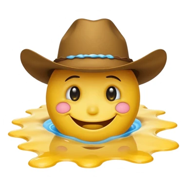A yellow smiley face melting into a puddle. 

The eyes and mouth slip down the face, yet still maintain a distorted smile. The face is wearing a cowboy hat. sticker
