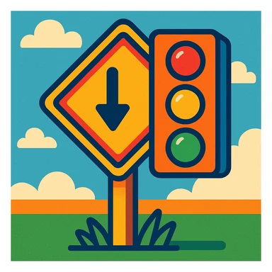 colorful road sign with a traffic light, cartoon style sticker