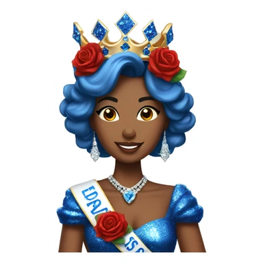 Miss Massachusetts wearing a crown and blue sparkly dress holding red roses sticker