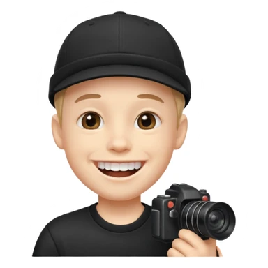 cheerful boy in black cap showing big front teeth holding a camera sticker