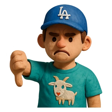 young man with a goat t-shirt, Dodgers hat, giving a thumbs down, claymation style sticker