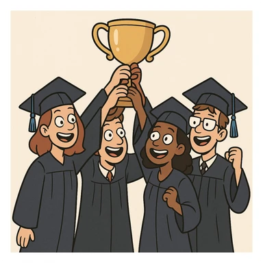 4 étudiants en tenue de remise de diplôme, tenant un trophée en l'air, style dessin animé sticker