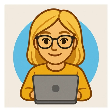 blonde writer woman wearing glasses working on a laptop, twitter style emoji sticker