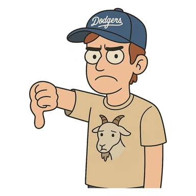 young man with a goat t-shirt, Dodgers hat, giving a thumbs down sticker