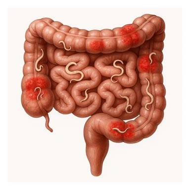 realistic image of human intestine, infographic style, presence of stylized parasites and reddened inflamed zones, anatomical details, white background sticker