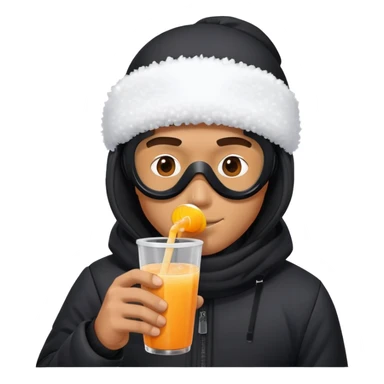 A man in a black jacket and a snow mask drinks juice sticker
