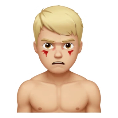 a blond guy with a short haircut, a tired and angry face, no shirt, with bruises under his eyes, and signs of beatings on his body sticker