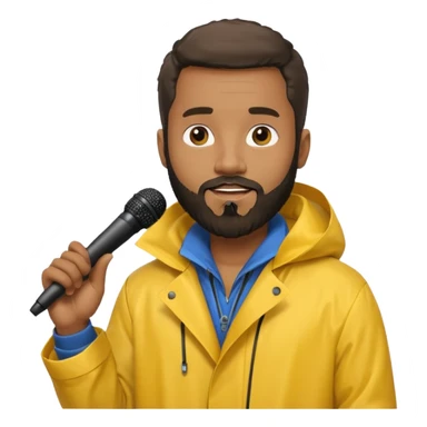 bearded black man with rain coat and microphone sticker