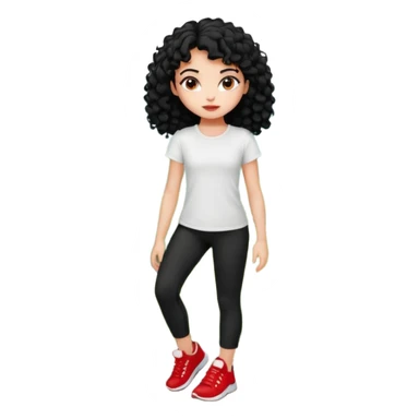 generate a pretty bratz fair skinned girl with curly black hair wearing a white tshirt trekking on a hill with red sneakers on and black leggings. Show HILLS sticker